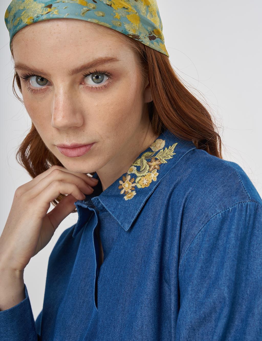 Embroidered Collar Cotton Tunic Indigo