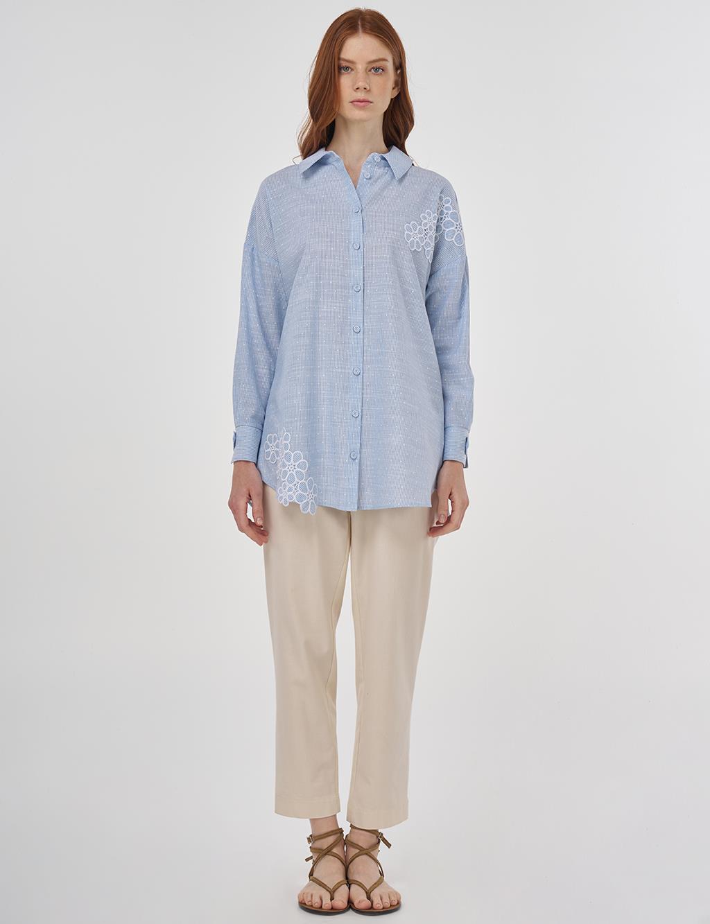  Floral Appliqué Cotton Blouse Blue