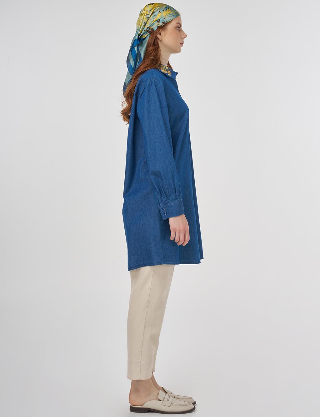 Embroidered Collar Cotton Tunic Indigo