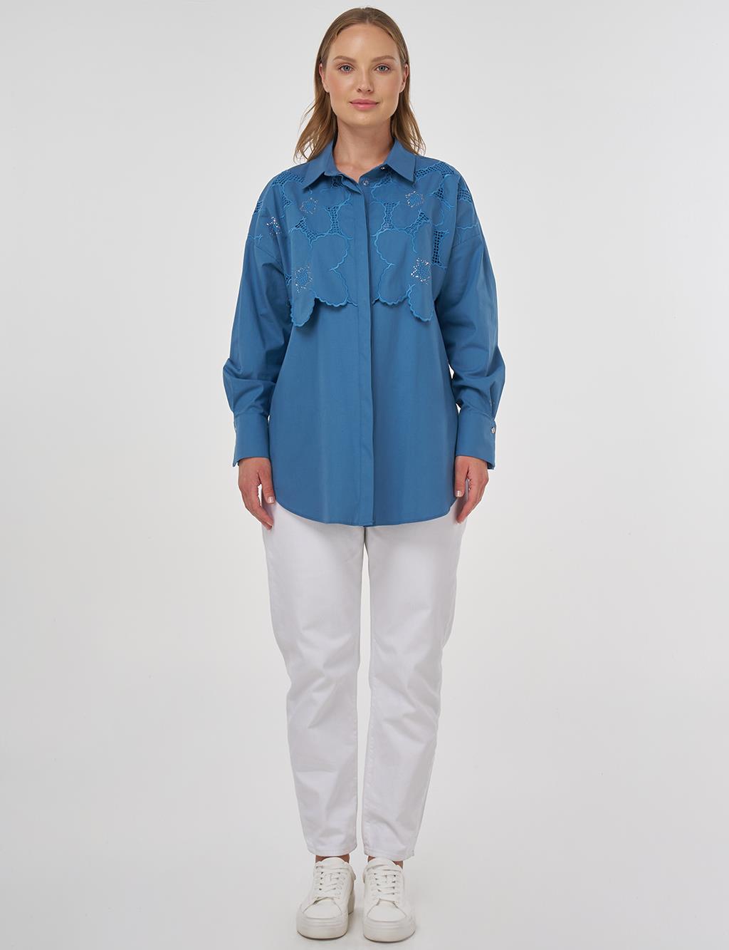 Embroidered Appliqué Cotton Tunic Crown Blue