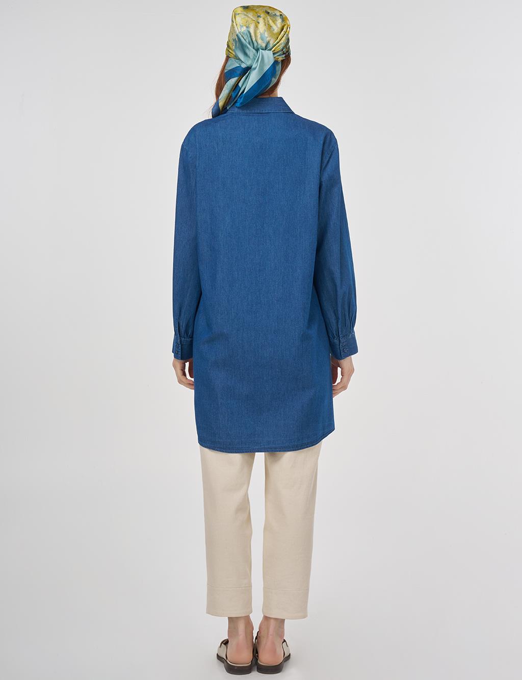 Embroidered Collar Cotton Tunic Indigo