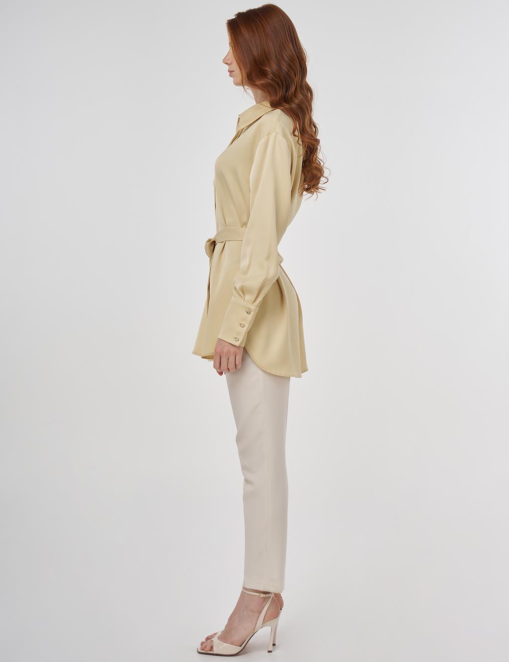 Embroidered Belted Satin Tunic in Light Yellow