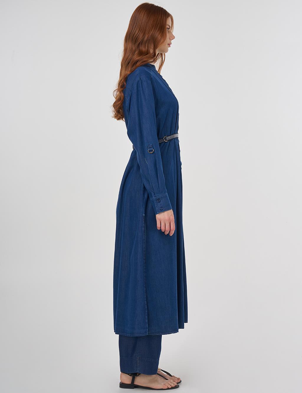 Pintuck-Stitched Lyocell Tunic - Navy Blue