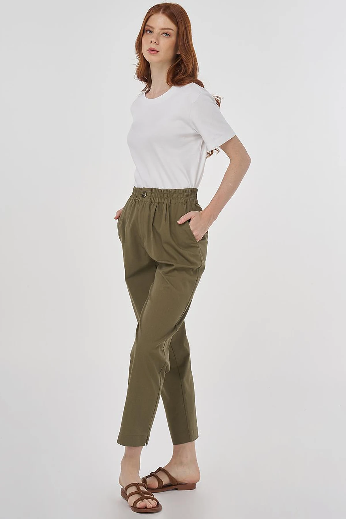 Elasticated Waist Straight-Leg Pants Khaki 
