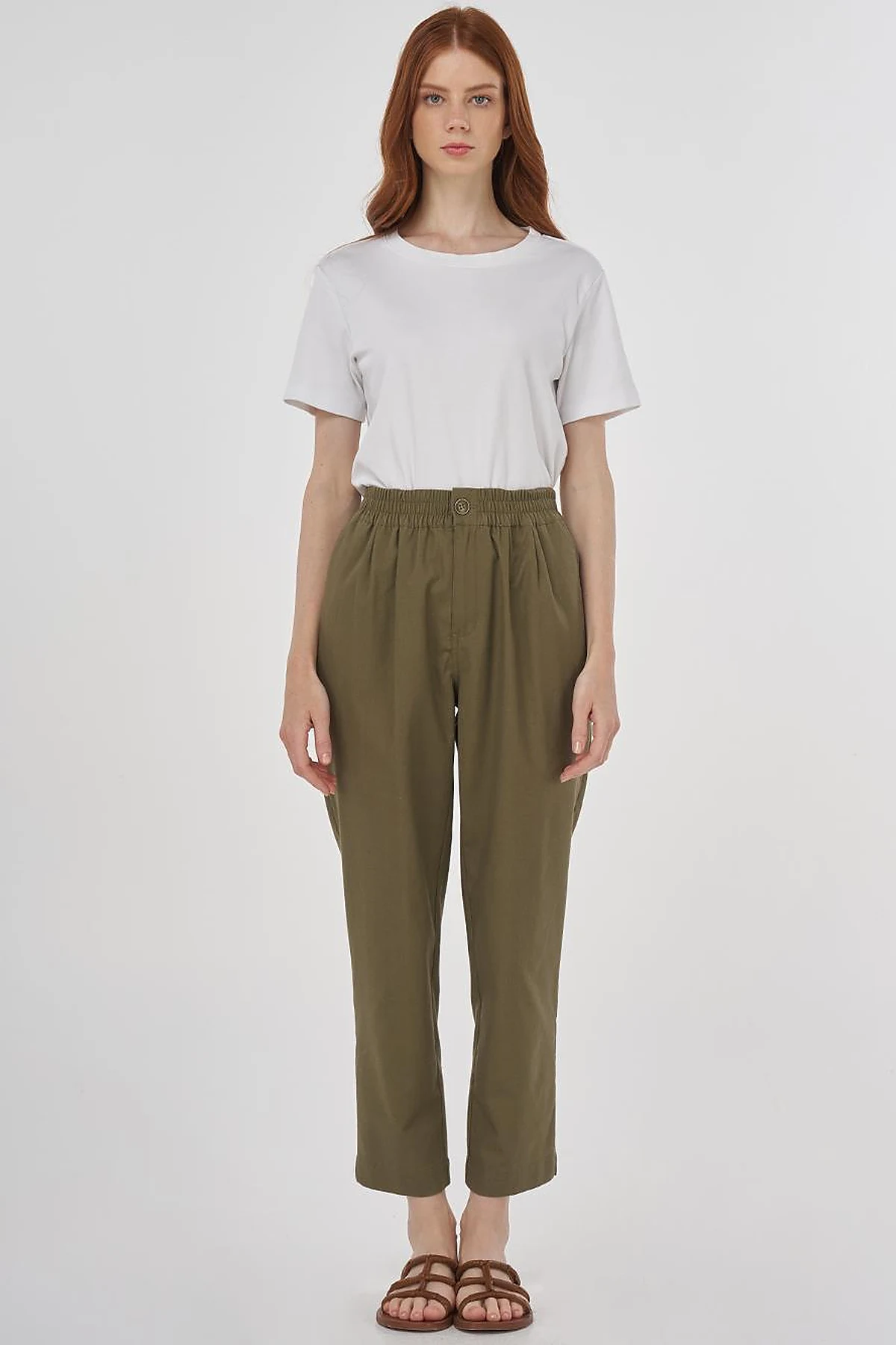 Elasticated Waist Straight-Leg Pants Khaki 