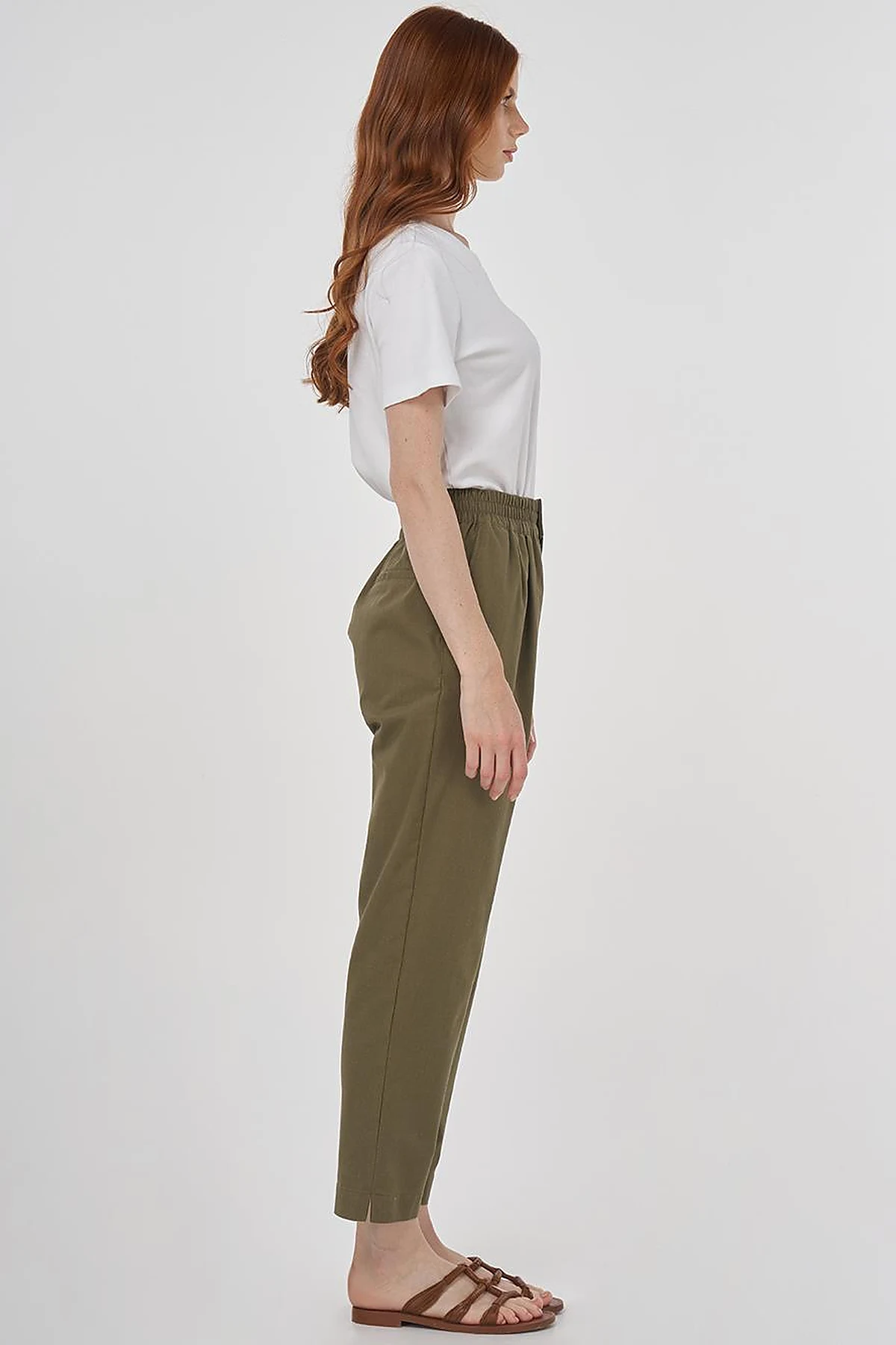 Elasticated Waist Straight-Leg Pants Khaki 