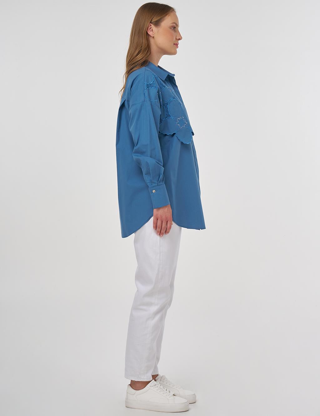 Embroidered Appliqué Cotton Tunic Crown Blue