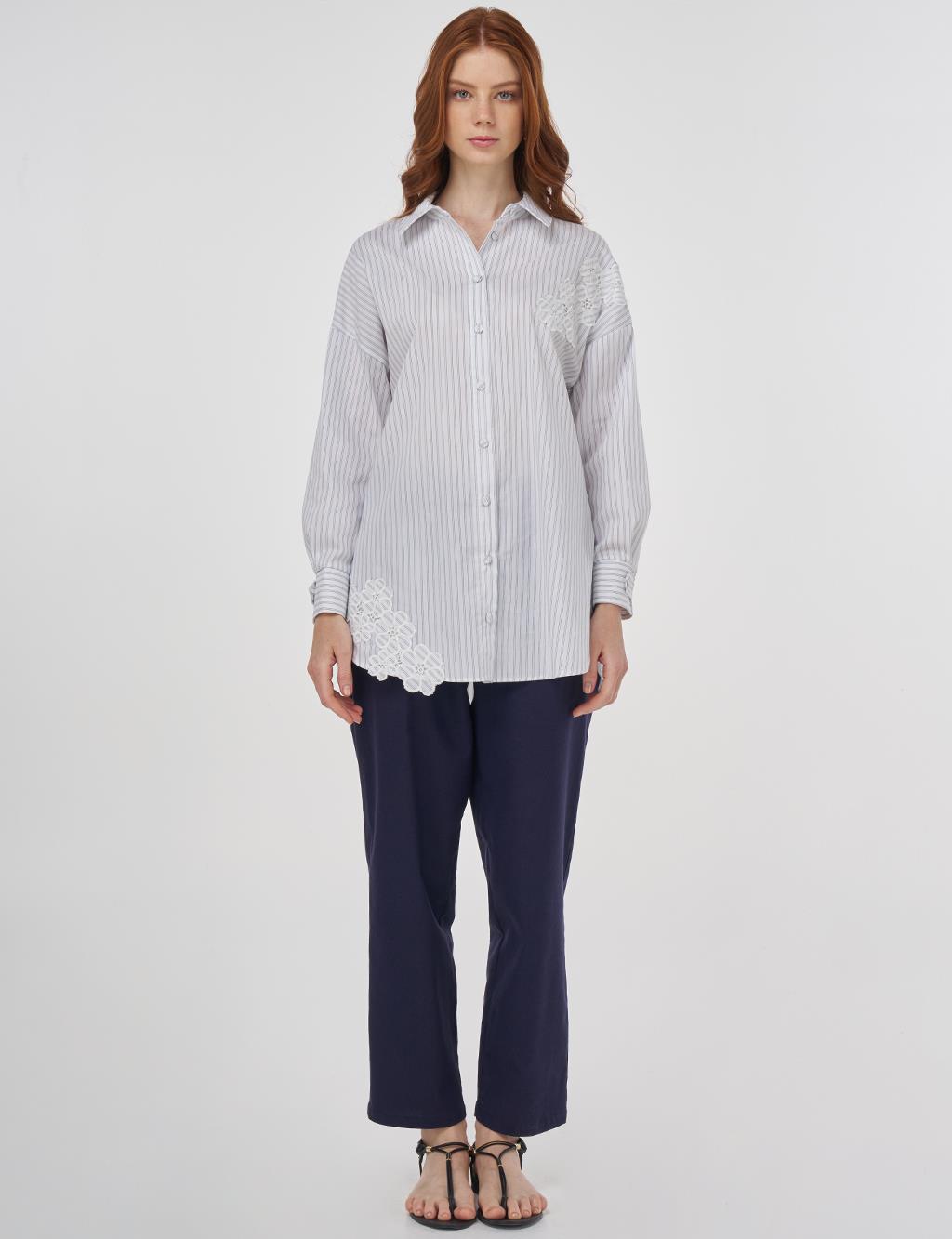 Striped Appliqué Cotton Blouse - Blue