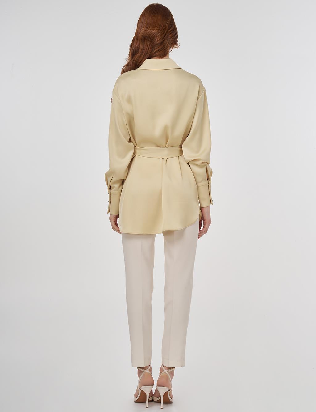 Embroidered Belted Satin Tunic in Light Yellow