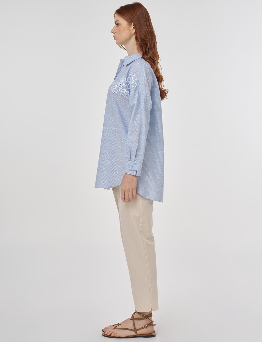  Floral Appliqué Cotton Blouse Blue