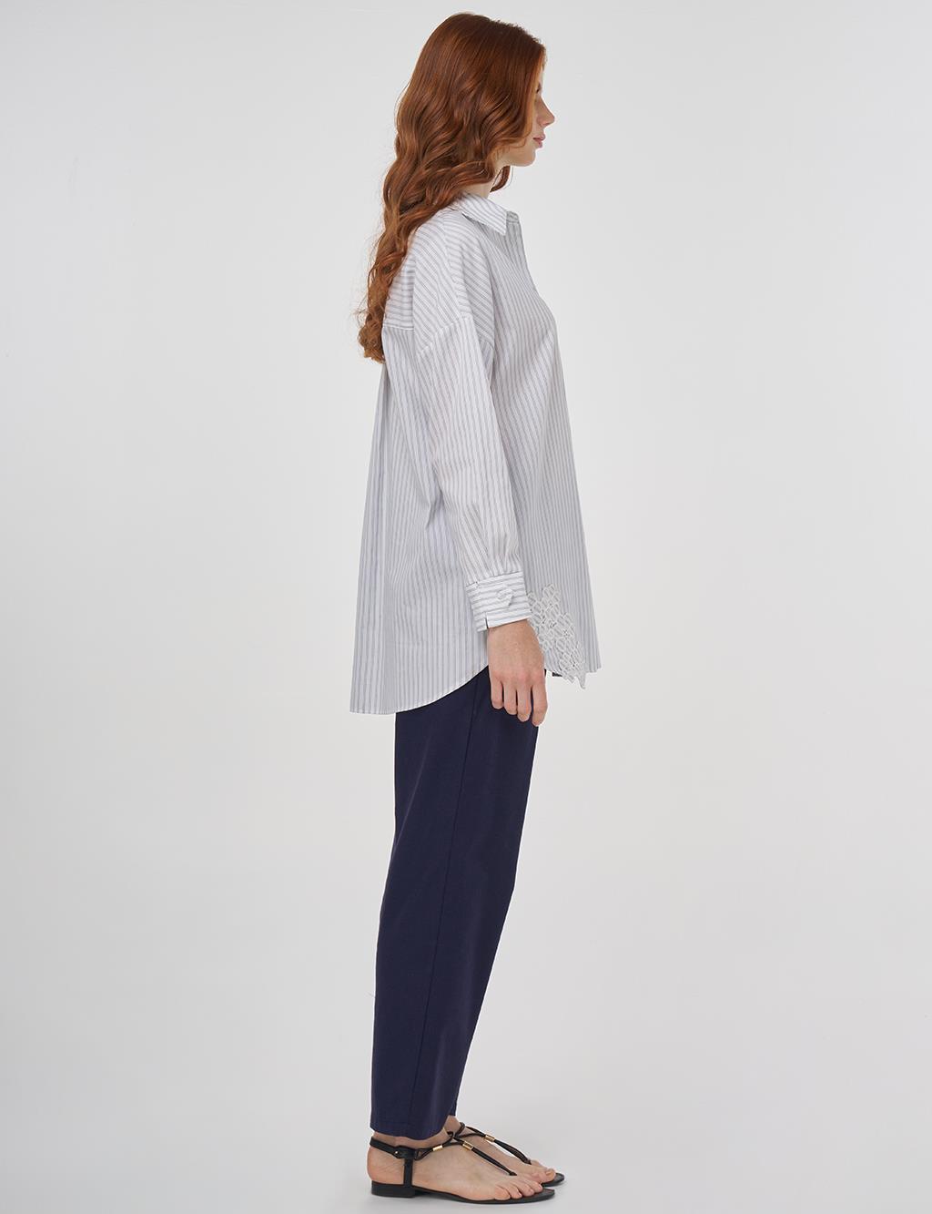 Striped Appliqué Cotton Blouse - Blue
