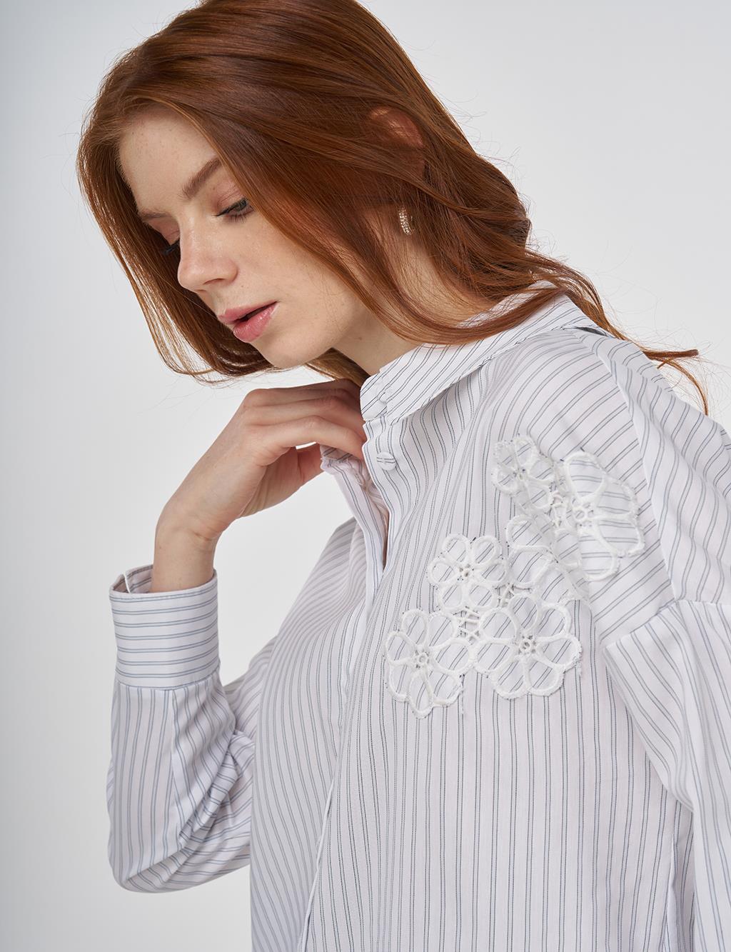 Striped Appliqué Cotton Blouse - Blue