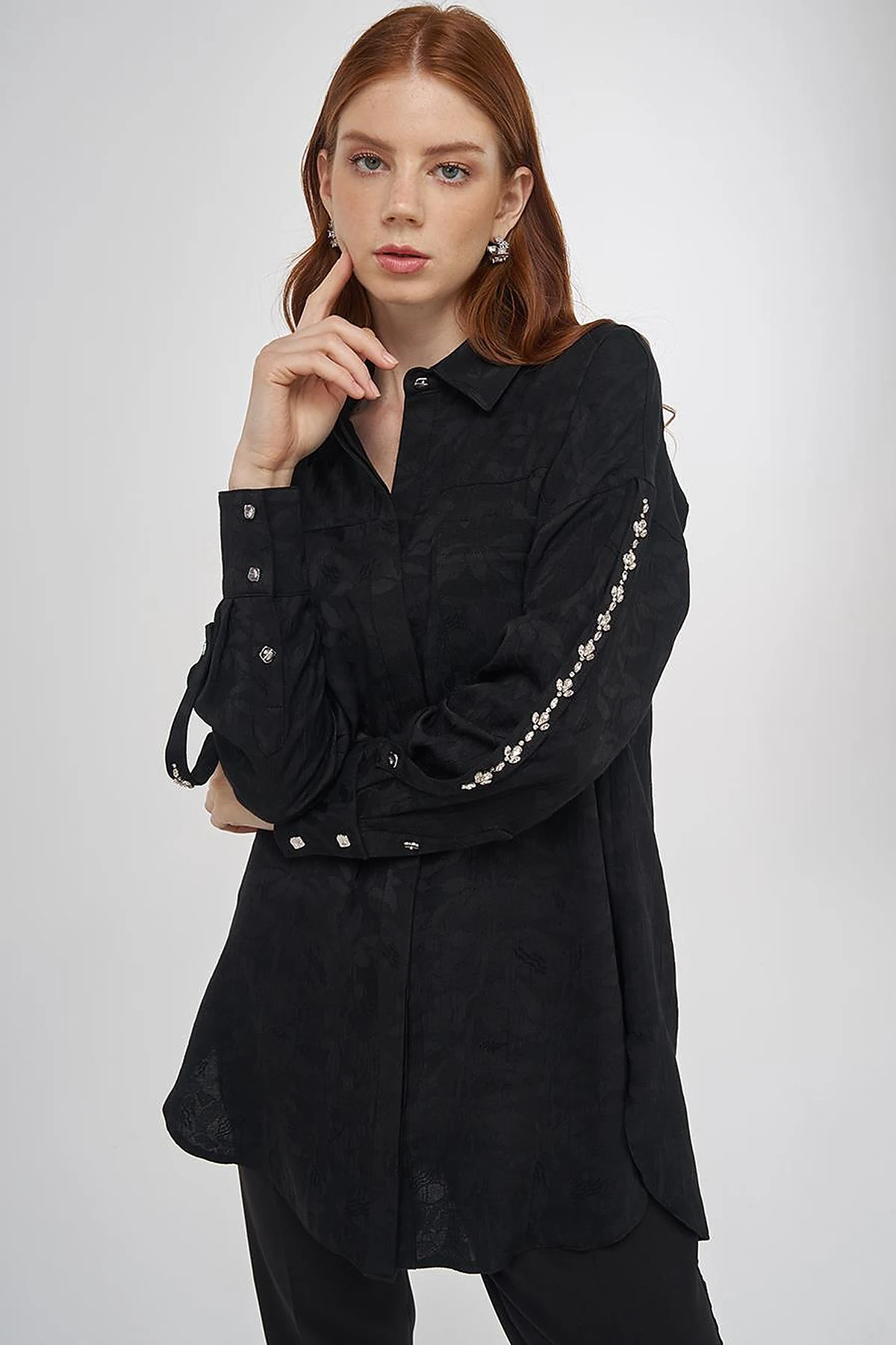 Embroidered Detail Viscose Tunic Black 