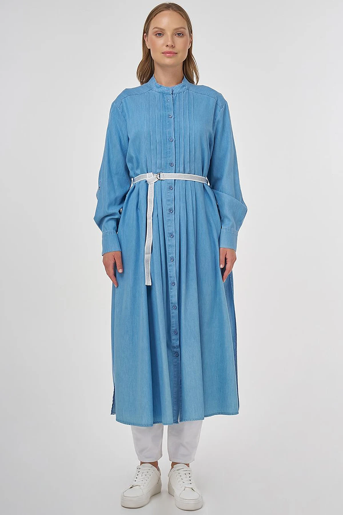 Pintuck-Stitched Lyocell Tunic- Ice Blue