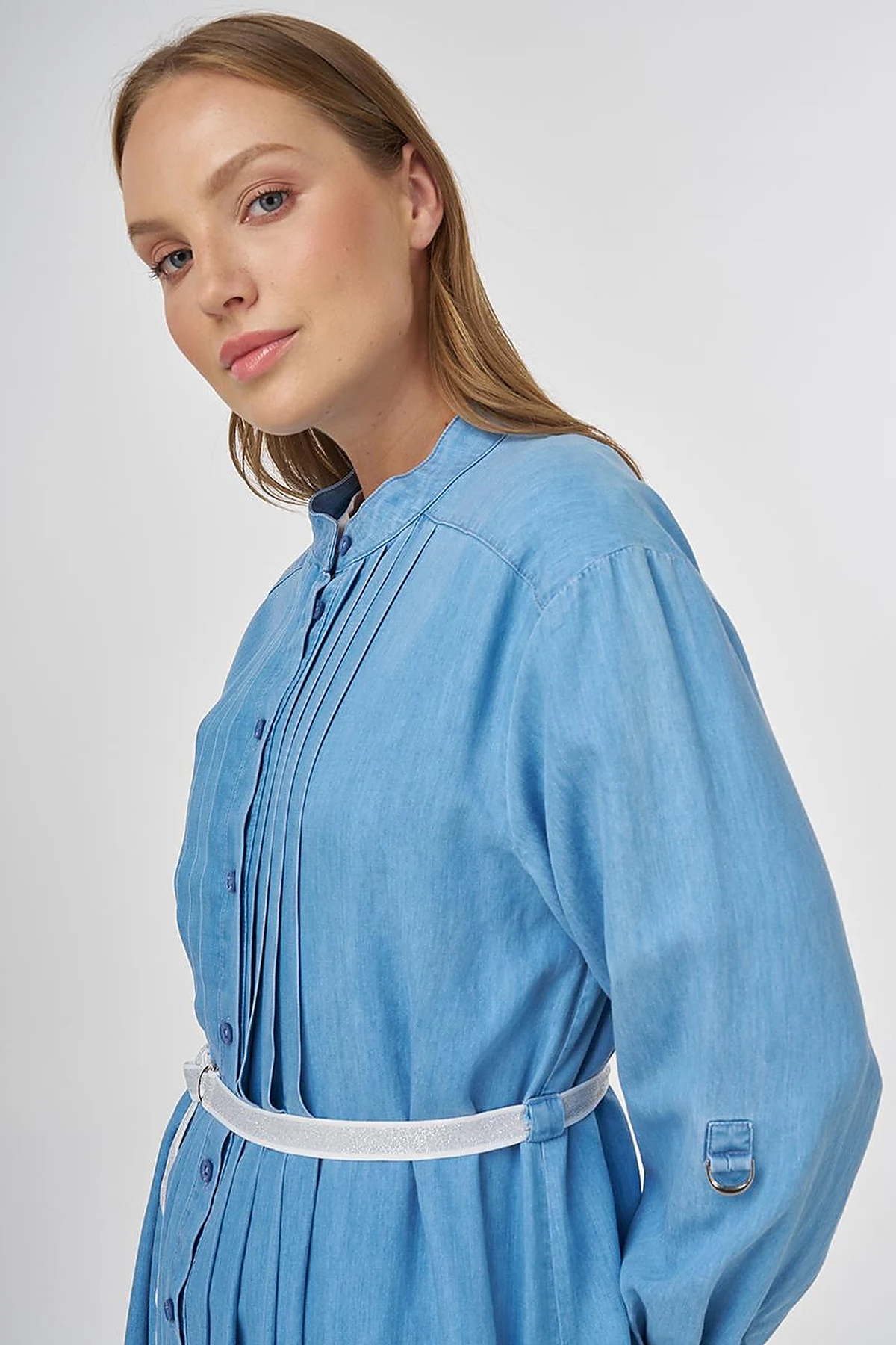 Pintuck-Stitched Lyocell Tunic- Ice Blue