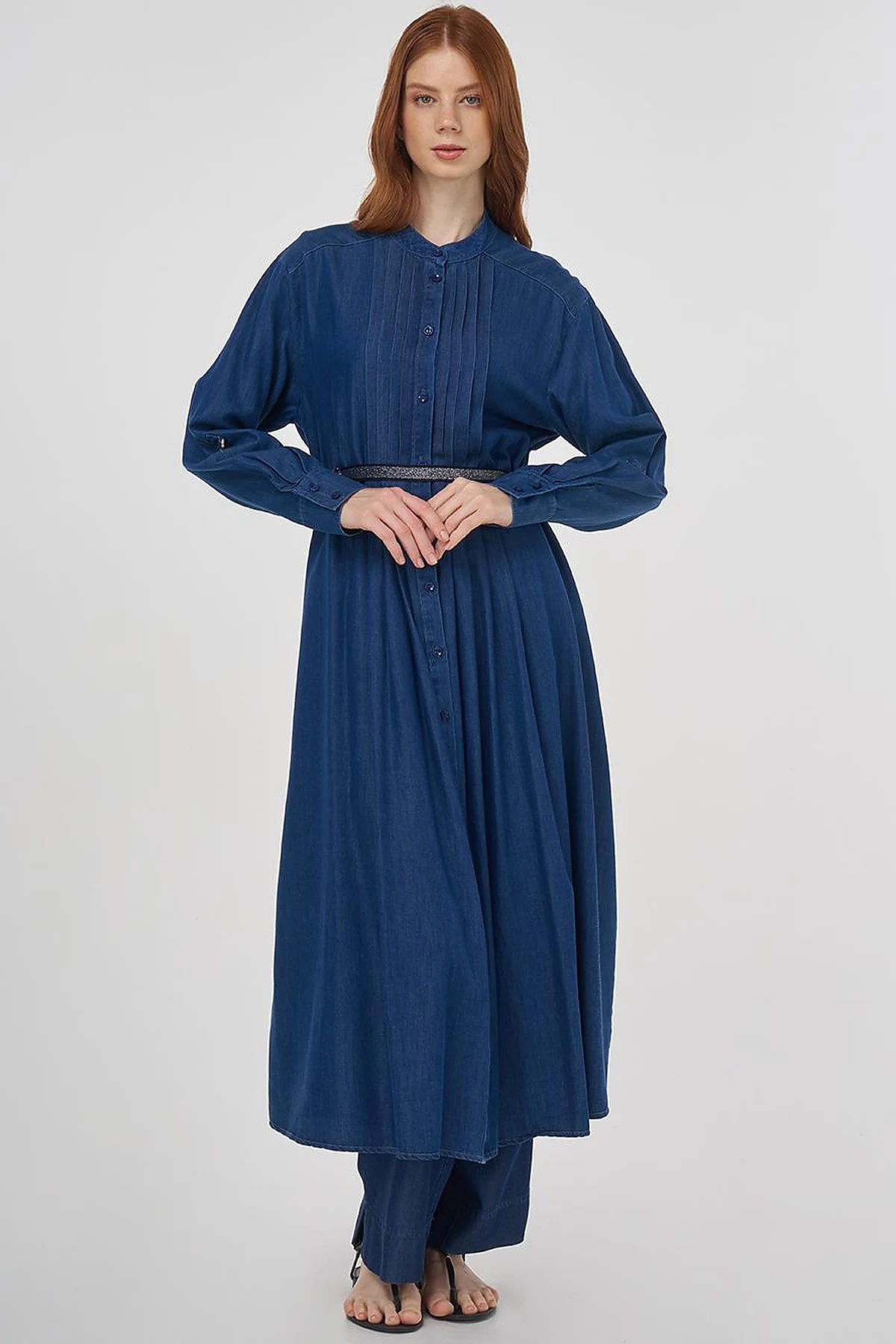 Pintuck-Stitched Lyocell Tunic - Navy Blue