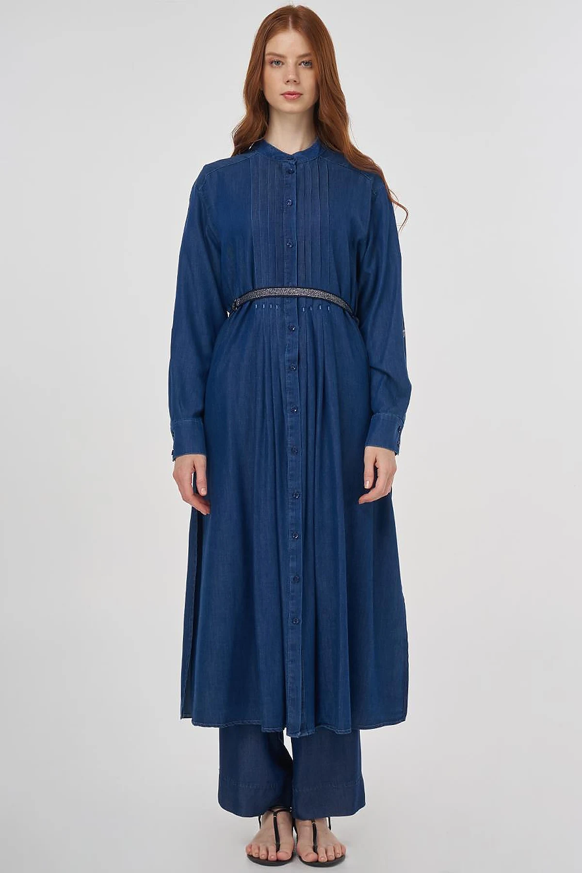 Pintuck-Stitched Lyocell Tunic - Navy Blue
