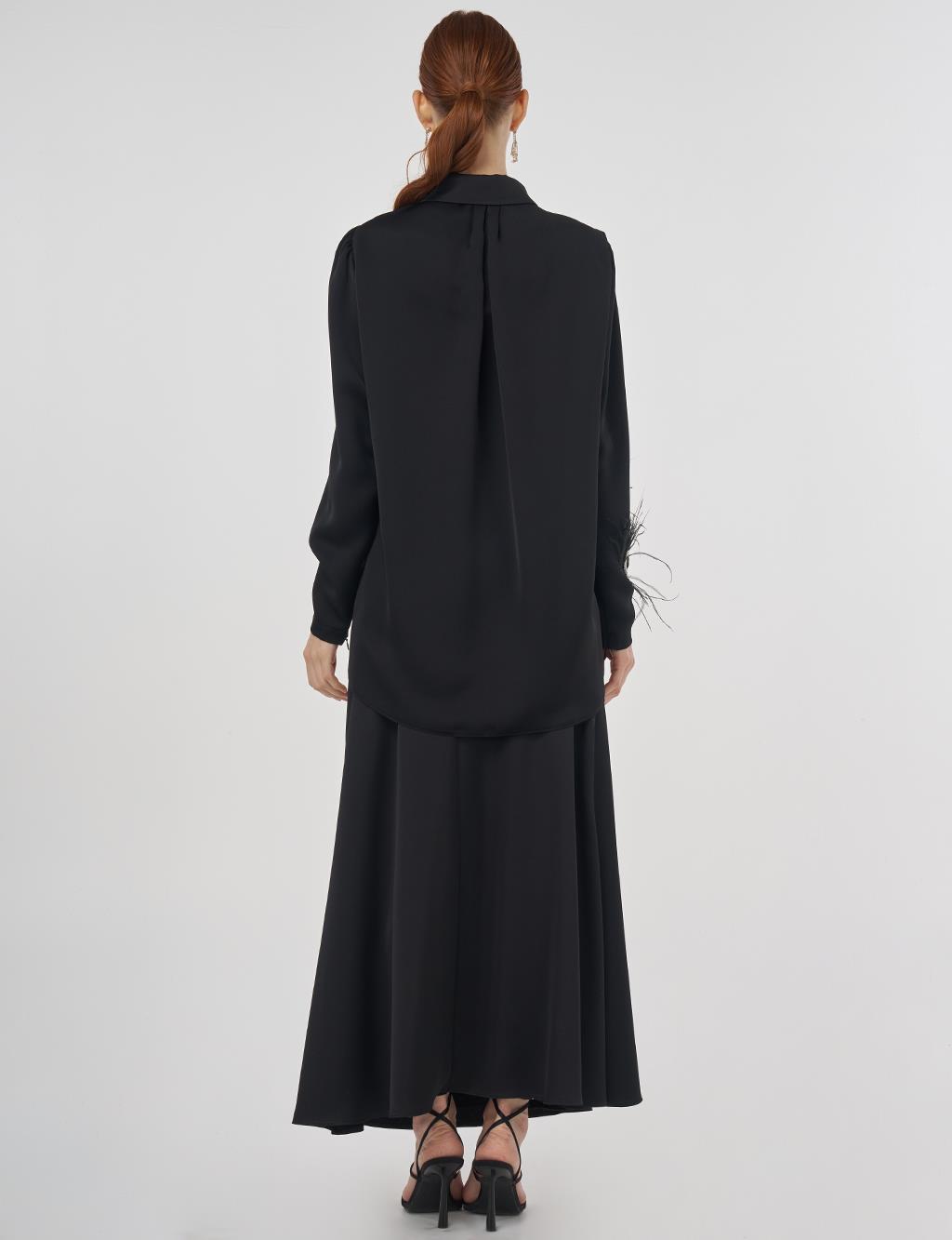 Otriş Detaylı Saten Tunik Siyah 