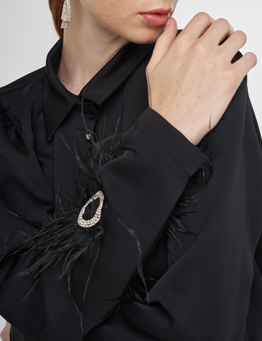 Otriş Detaylı Saten Tunik Siyah 