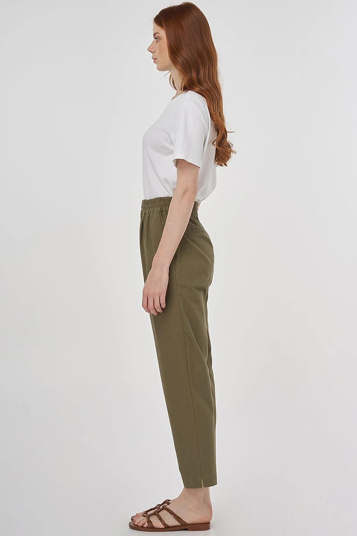 Elasticated Waist Straight-Leg Pants Khaki 