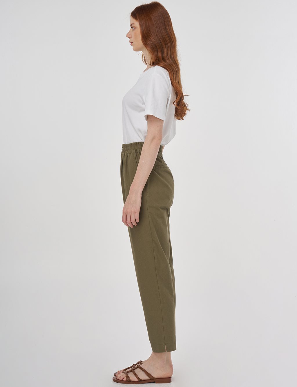 Elasticated Waist Straight-Leg Pants Khaki 