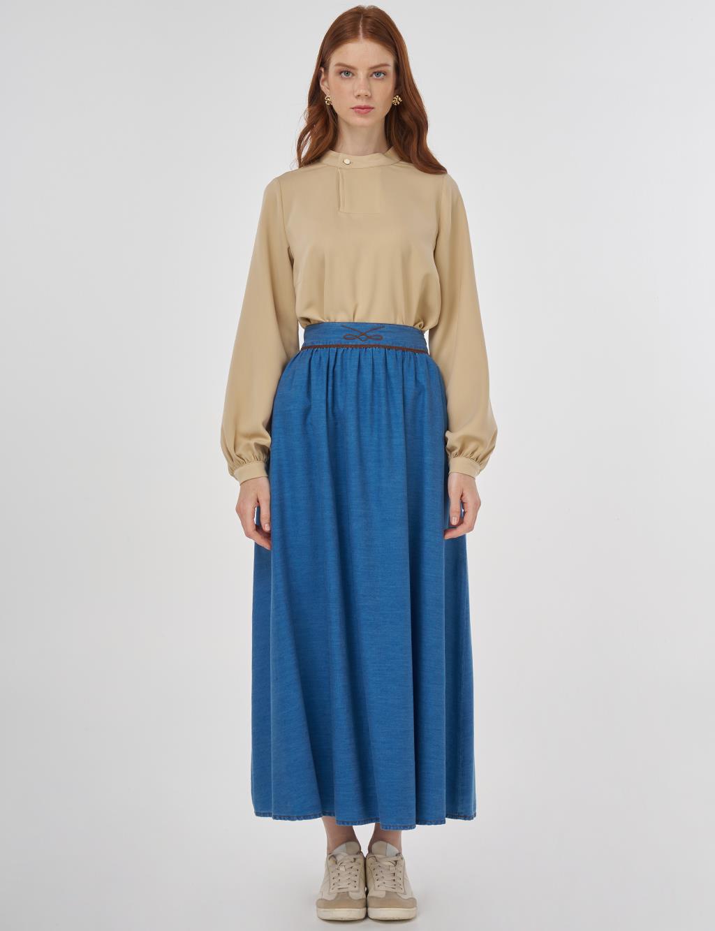 Embroidered Lyocell Flared Skirt Blue
