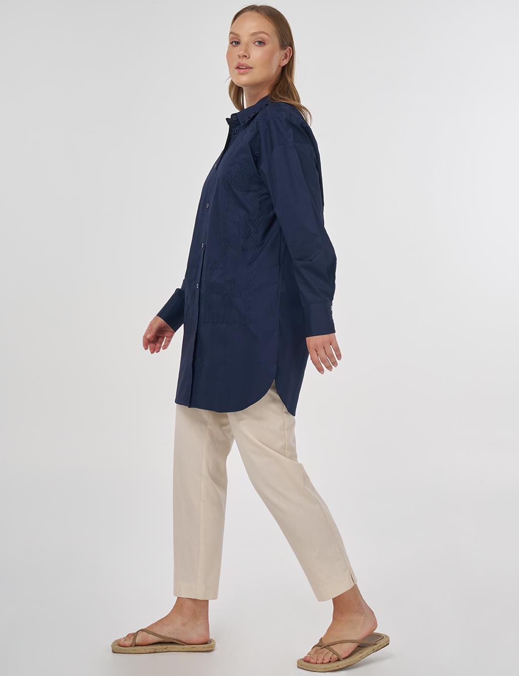 Embroidered Shirt Collar Tunic in Navy 