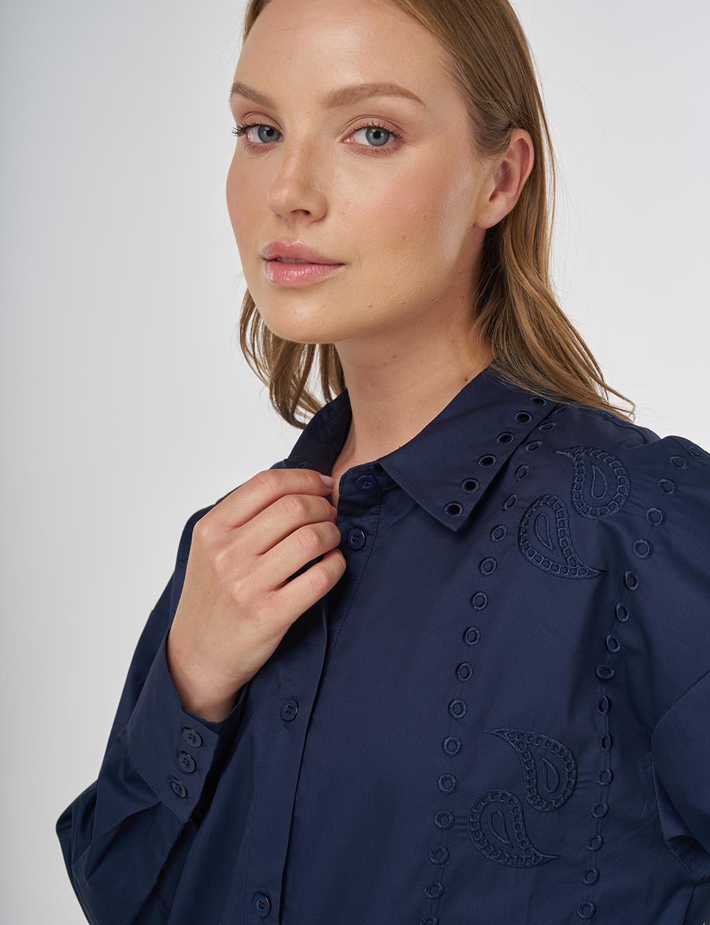 Embroidered Shirt Collar Tunic in Navy 