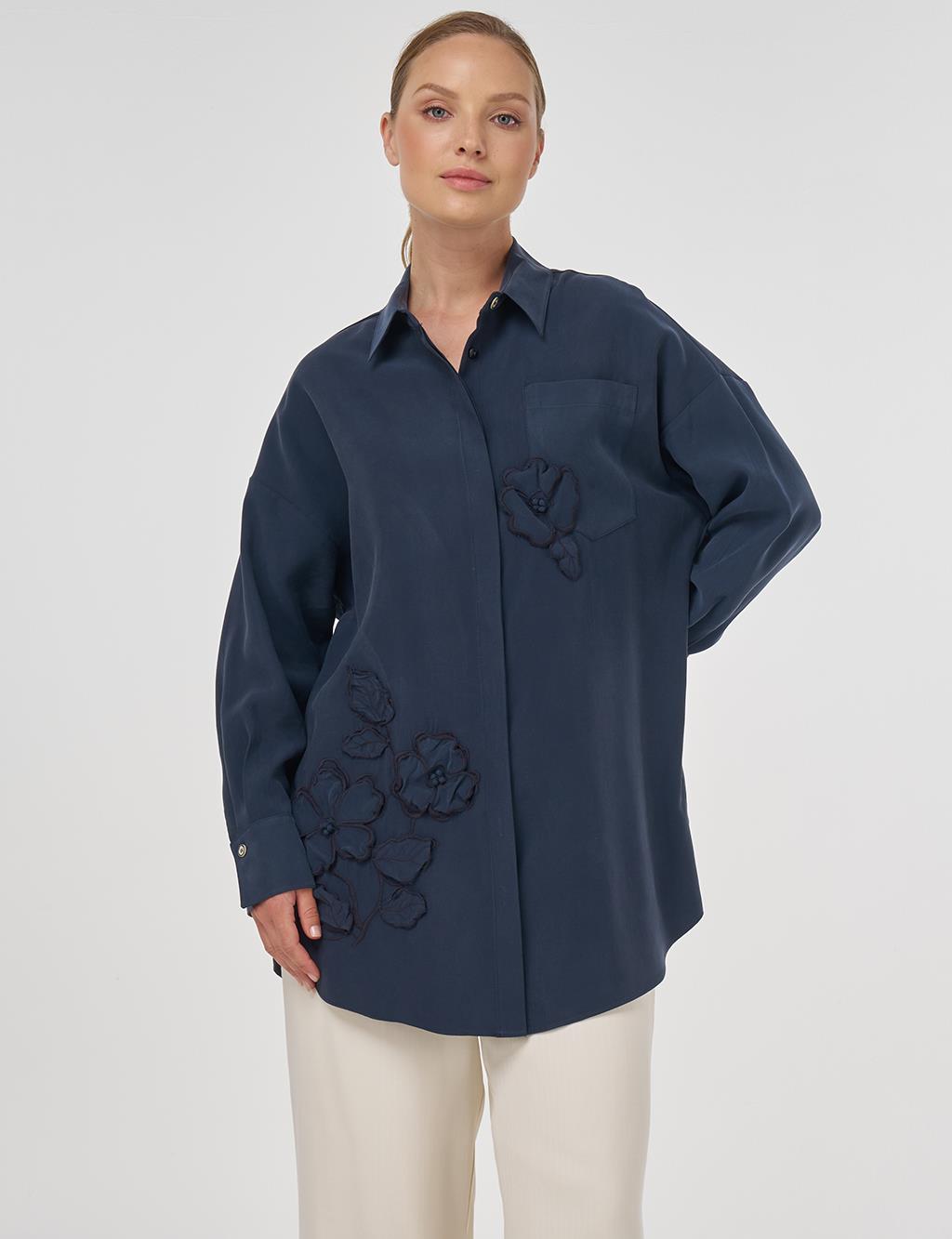 Embroidered Appliqué Modal Tunic Dark Navy