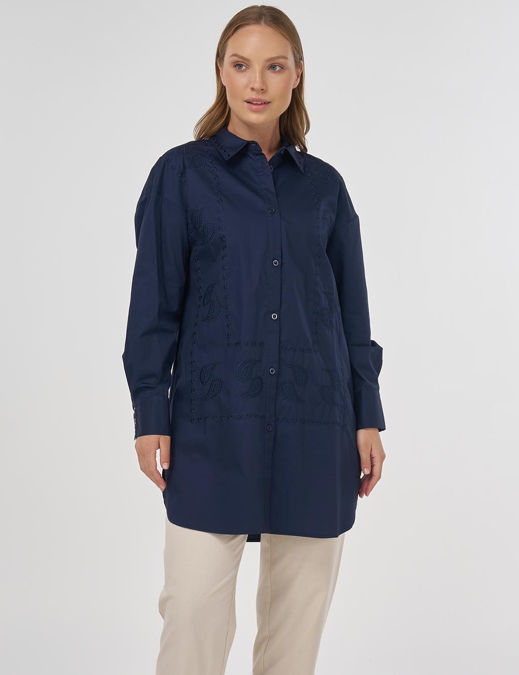 Embroidered Shirt Collar Tunic in Navy 
