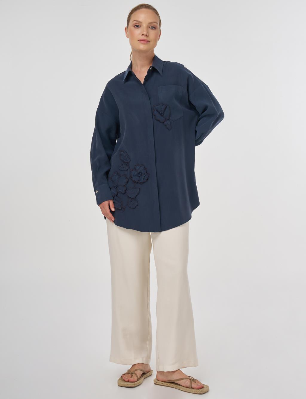 Embroidered Appliqué Modal Tunic Dark Navy