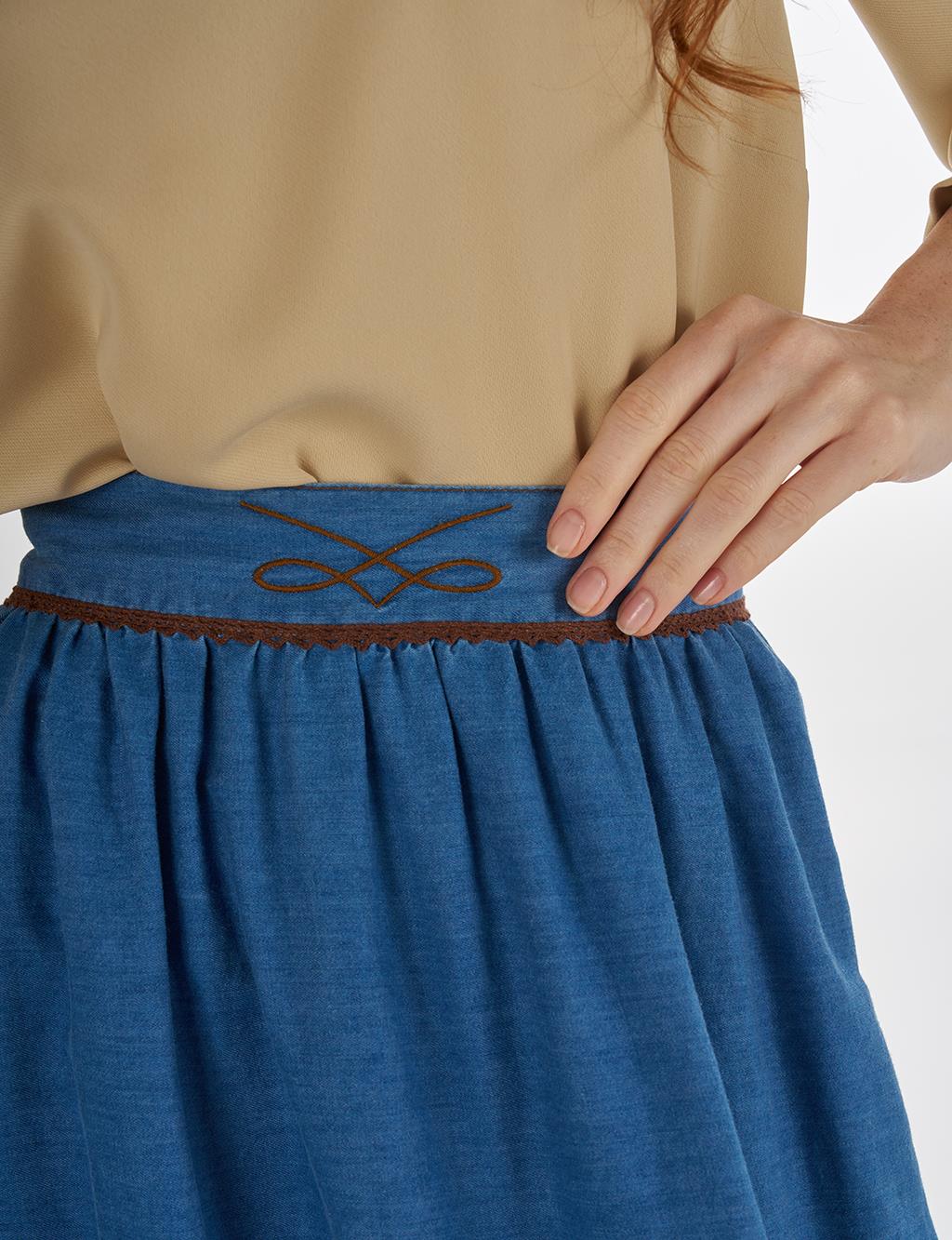 Embroidered Lyocell Flared Skirt Blue