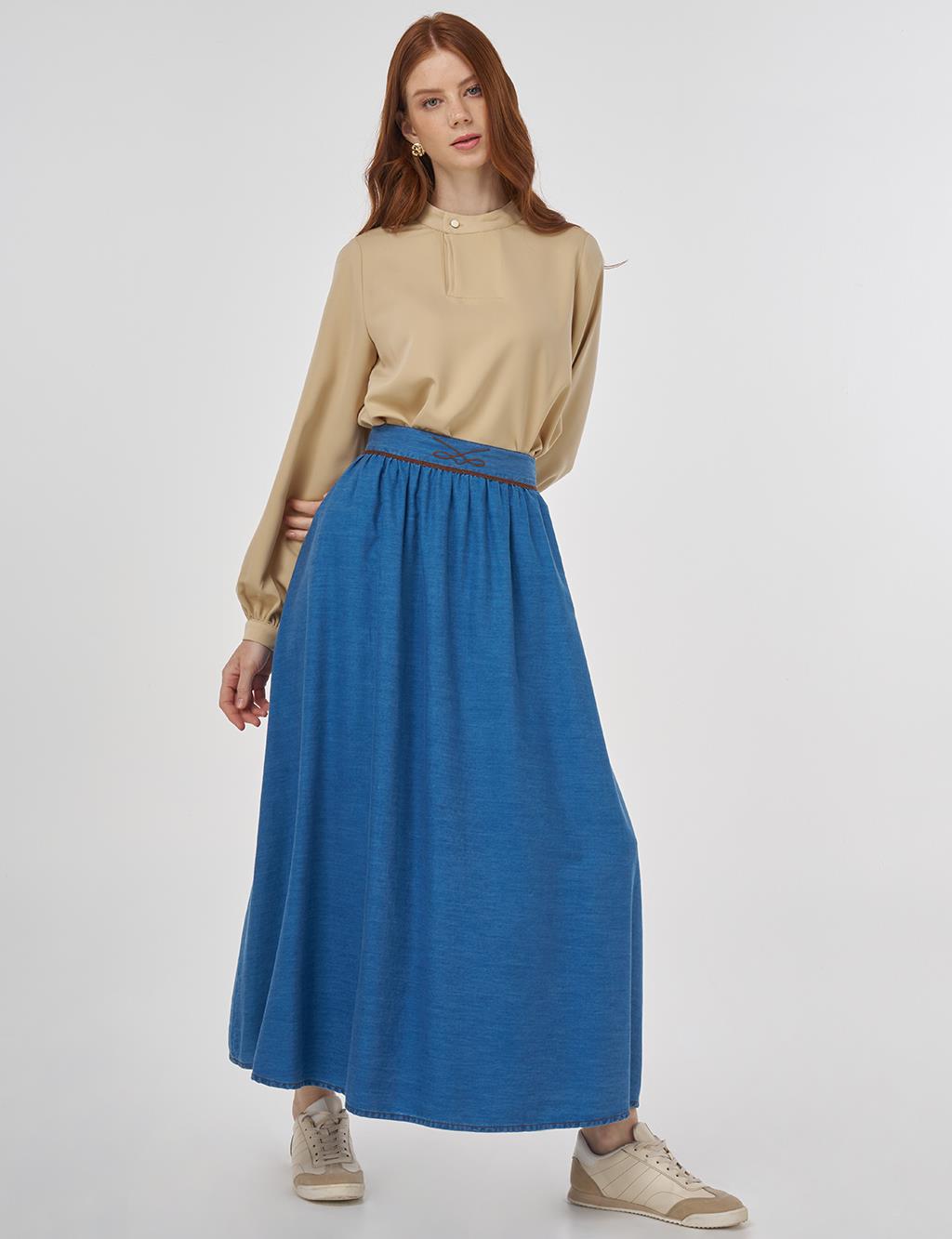 Embroidered Lyocell Flared Skirt Blue
