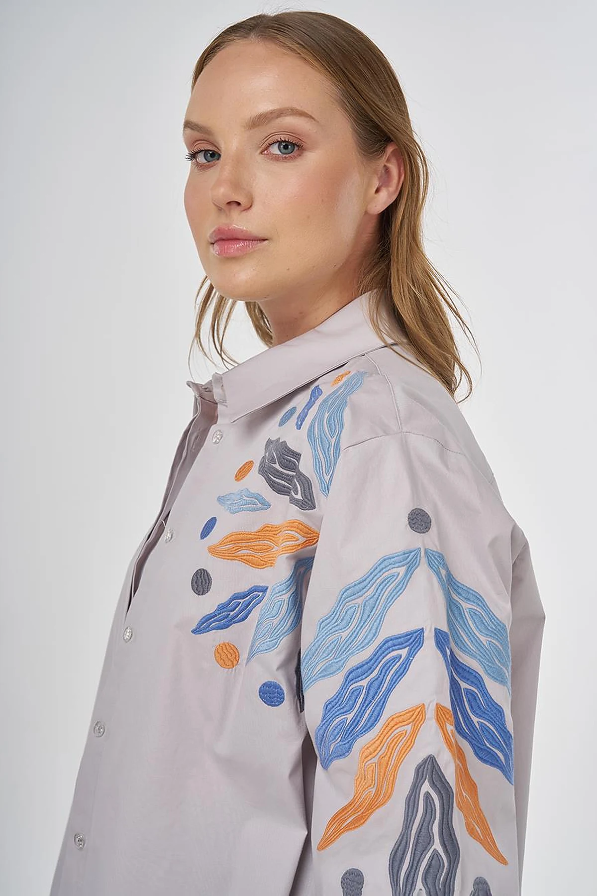 Embroidered Cotton Tunic in Light Grey