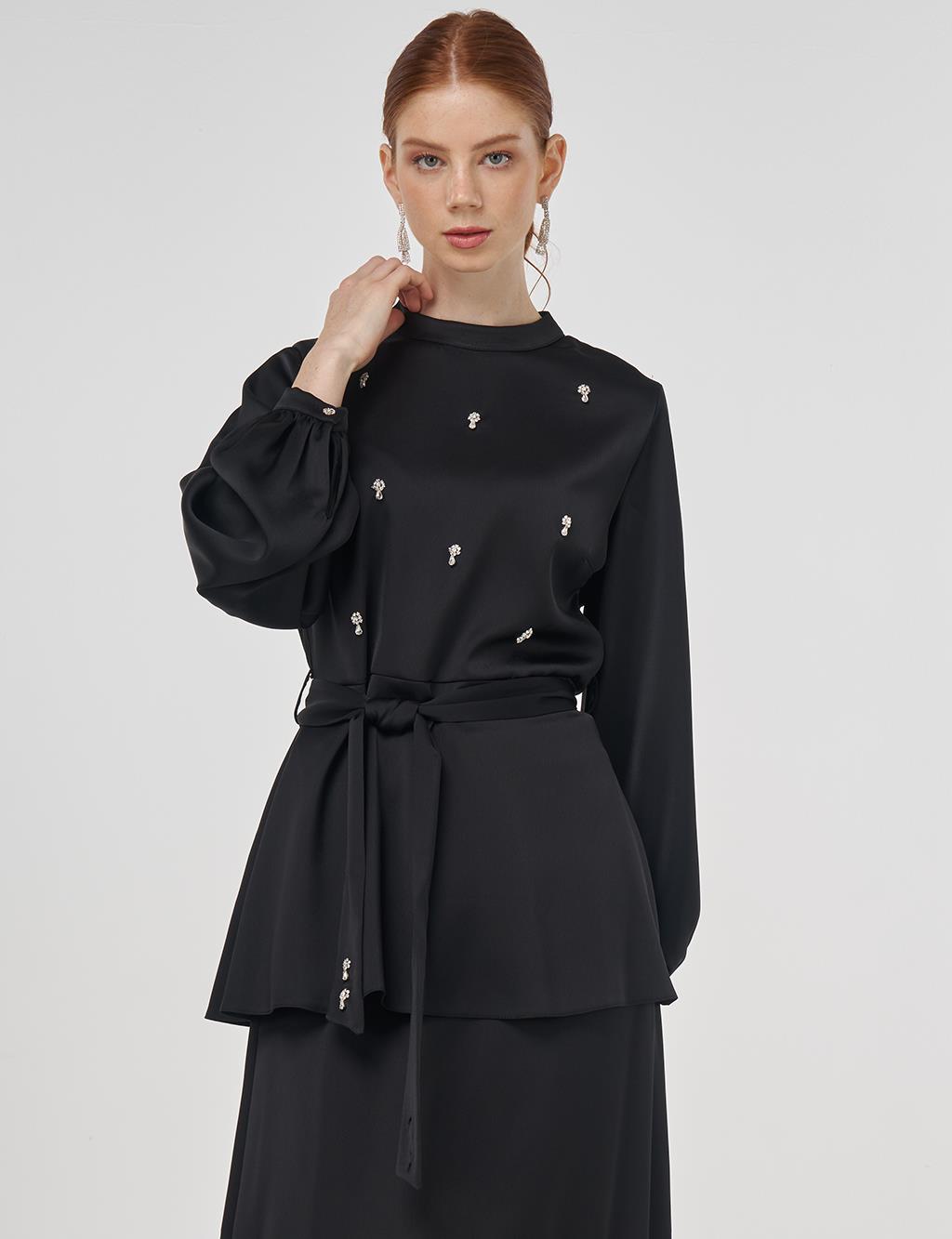 Stone-Embroidered Skirted Two-Piece Set - Black 