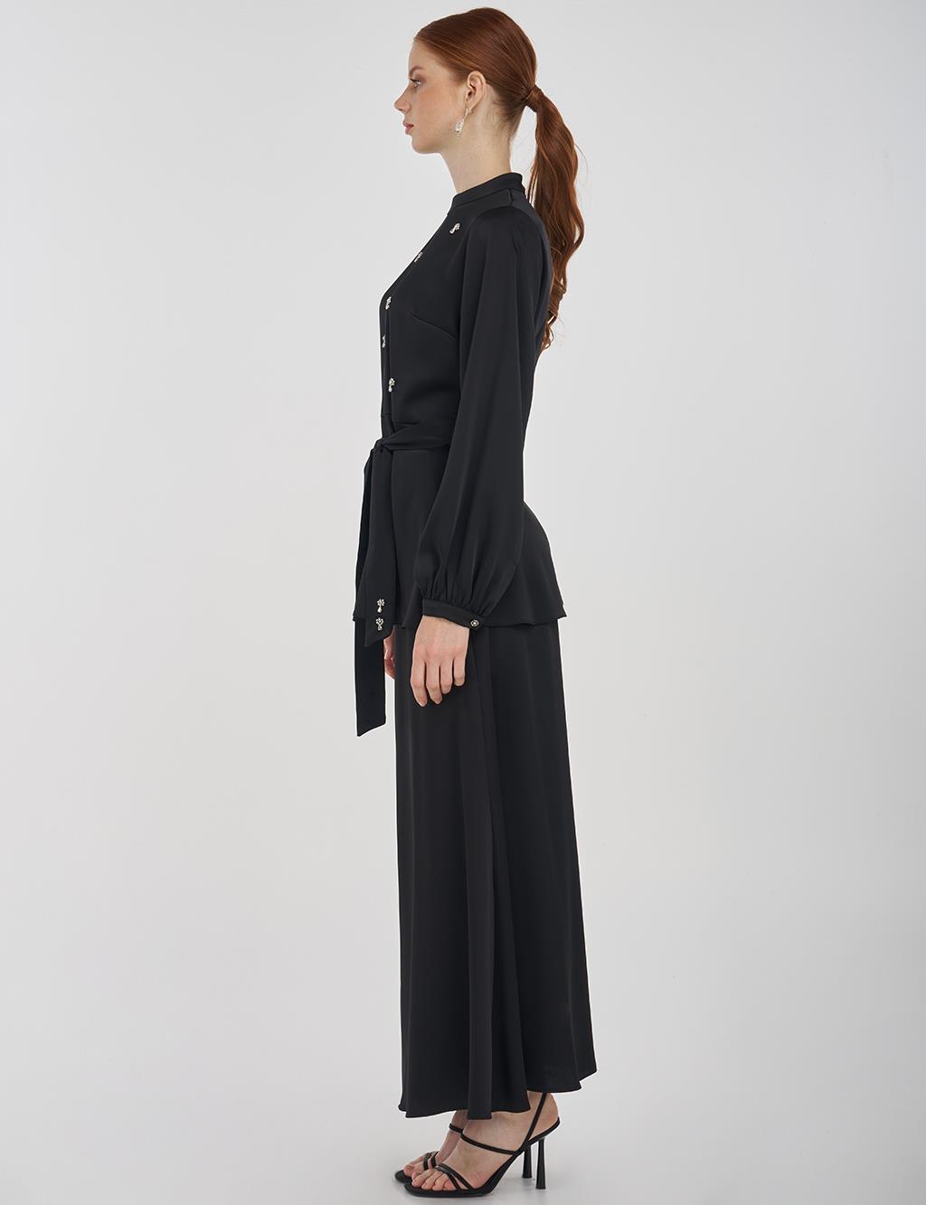 Stone-Embroidered Skirted Two-Piece Set - Black 
