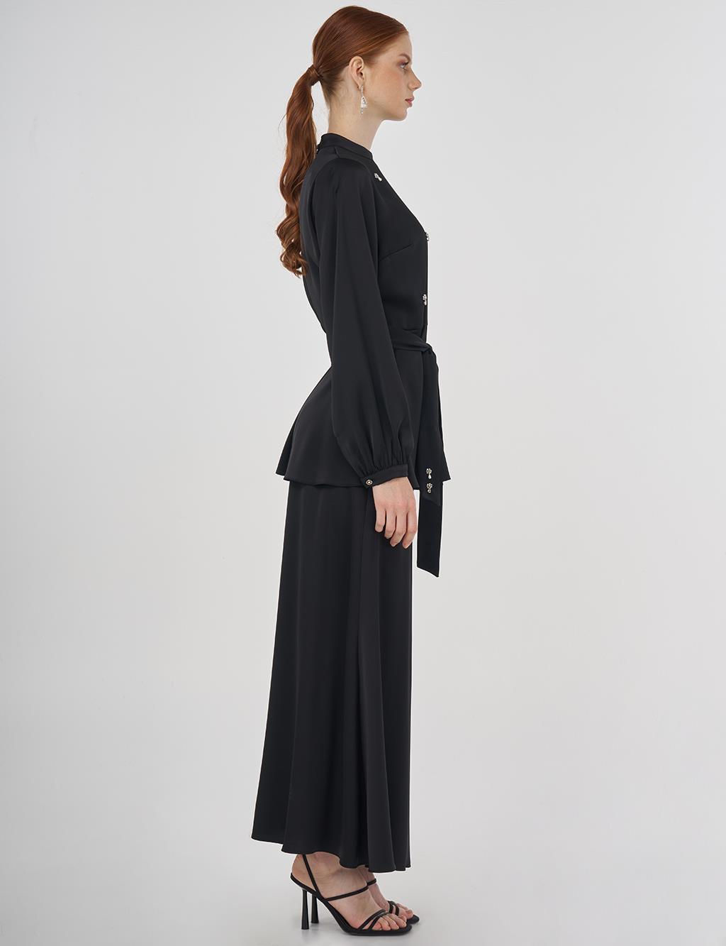 Stone-Embroidered Skirted Two-Piece Set - Black 