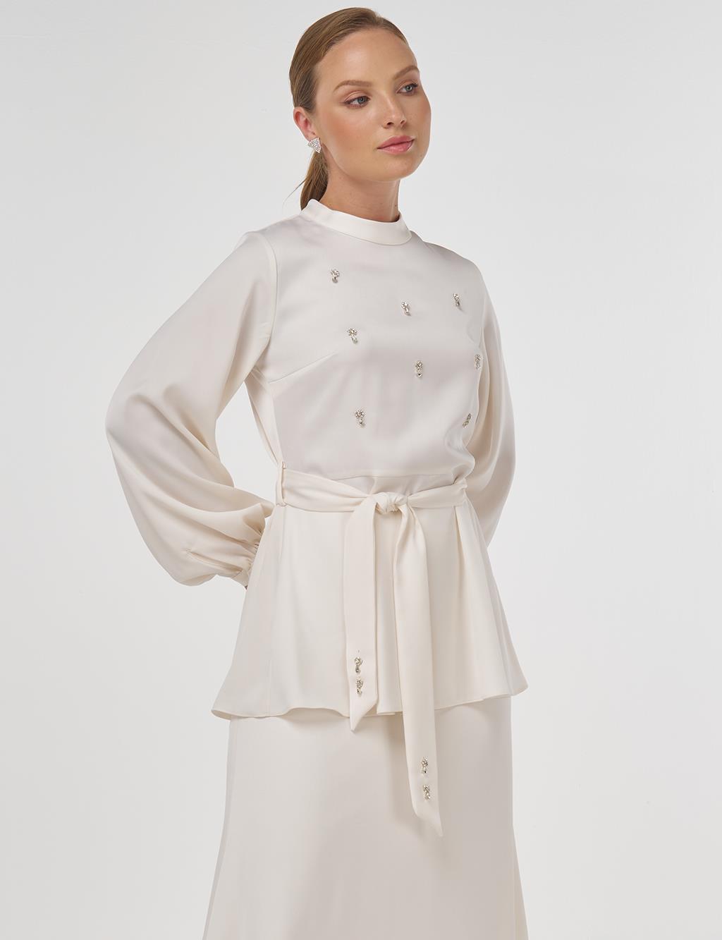 Stone-Embroidered Skirted Two-Piece Set - Ecru