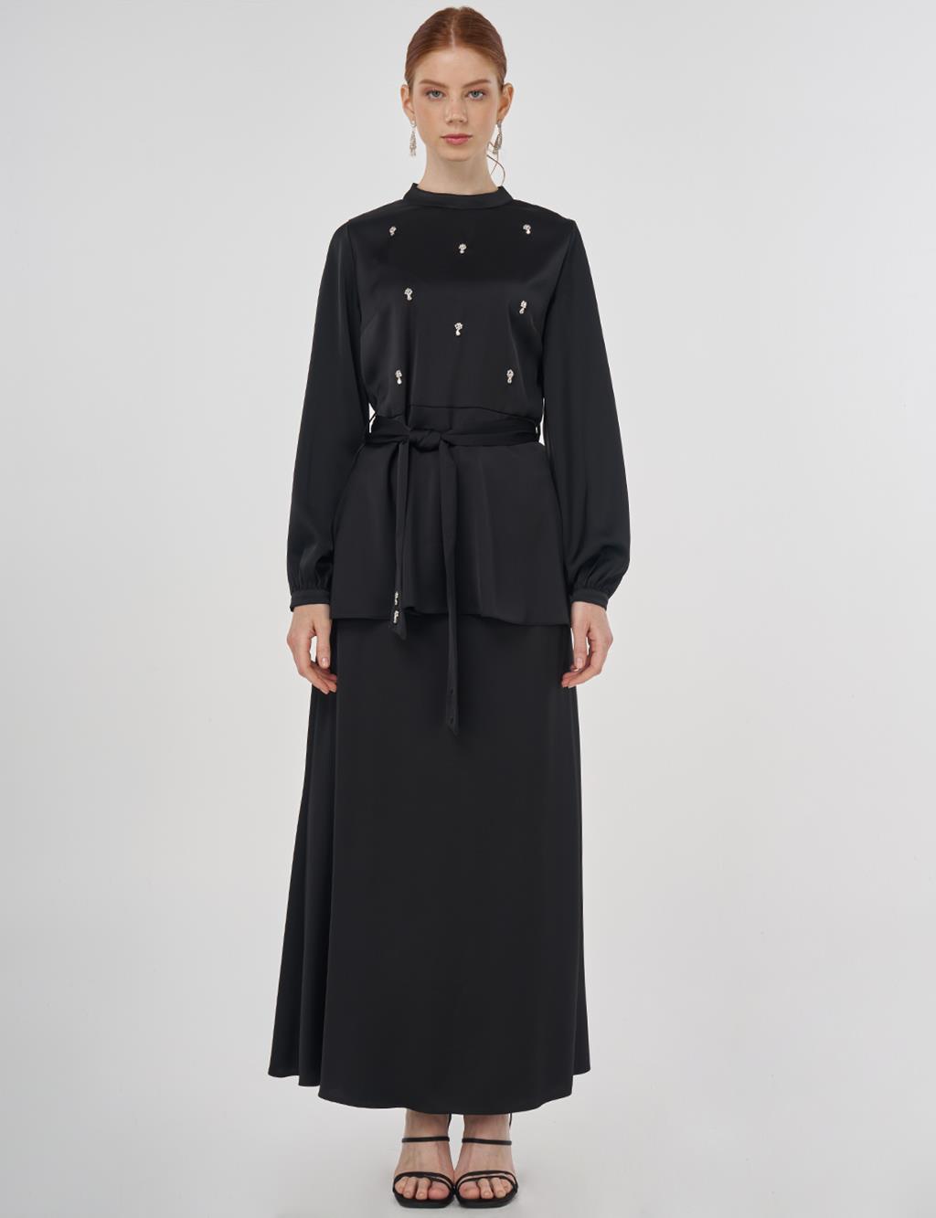 Stone-Embroidered Skirted Two-Piece Set - Black 