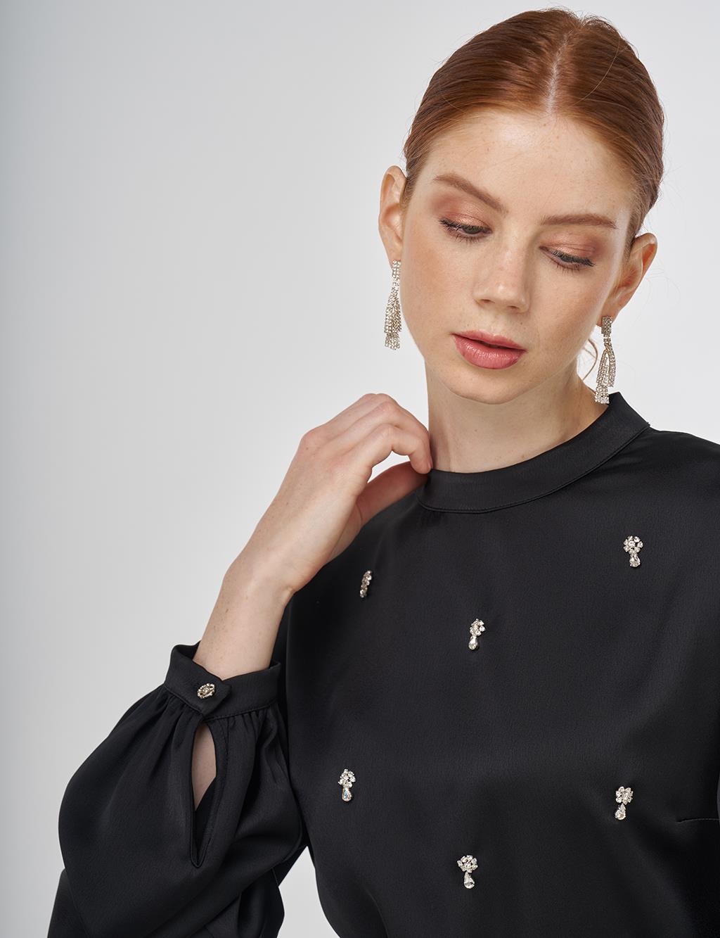 Stone-Embroidered Skirted Two-Piece Set - Black 