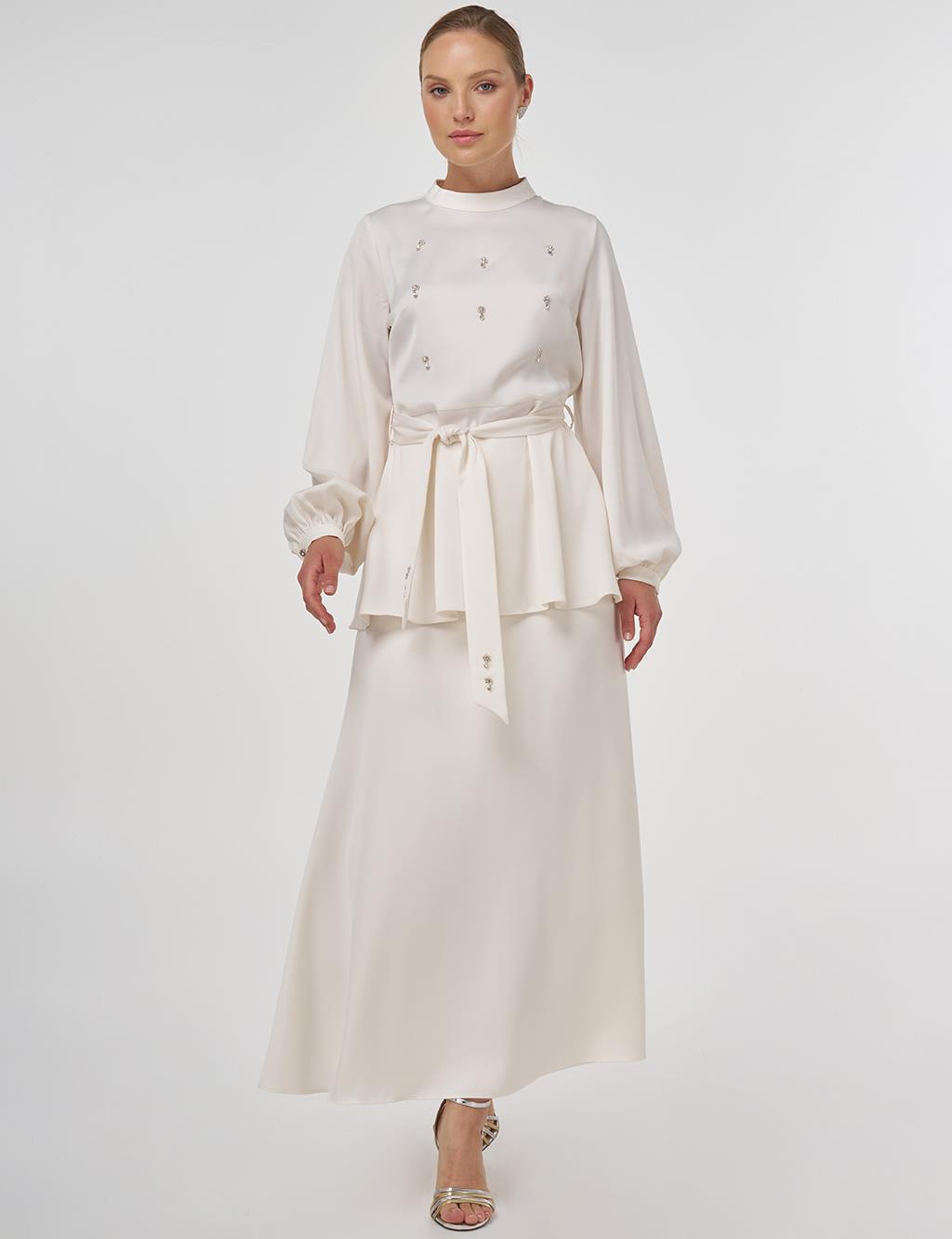 Stone-Embroidered Skirted Two-Piece Set - Ecru