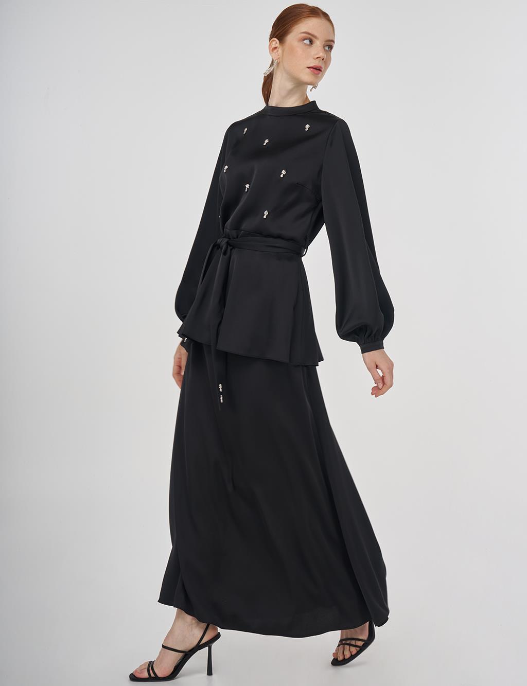 Stone-Embroidered Skirted Two-Piece Set - Black 