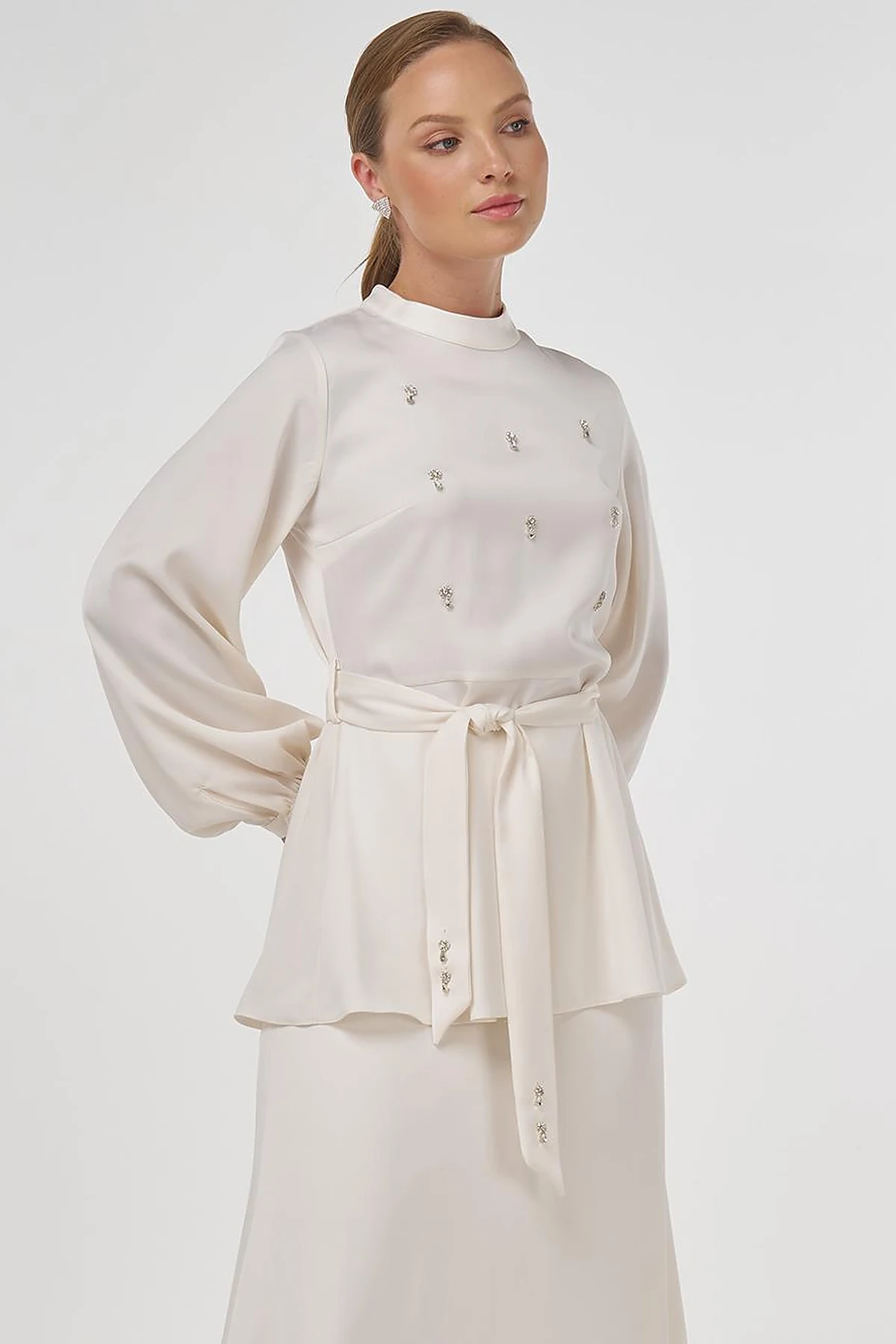Stone-Embroidered Skirted Two-Piece Set - Ecru
