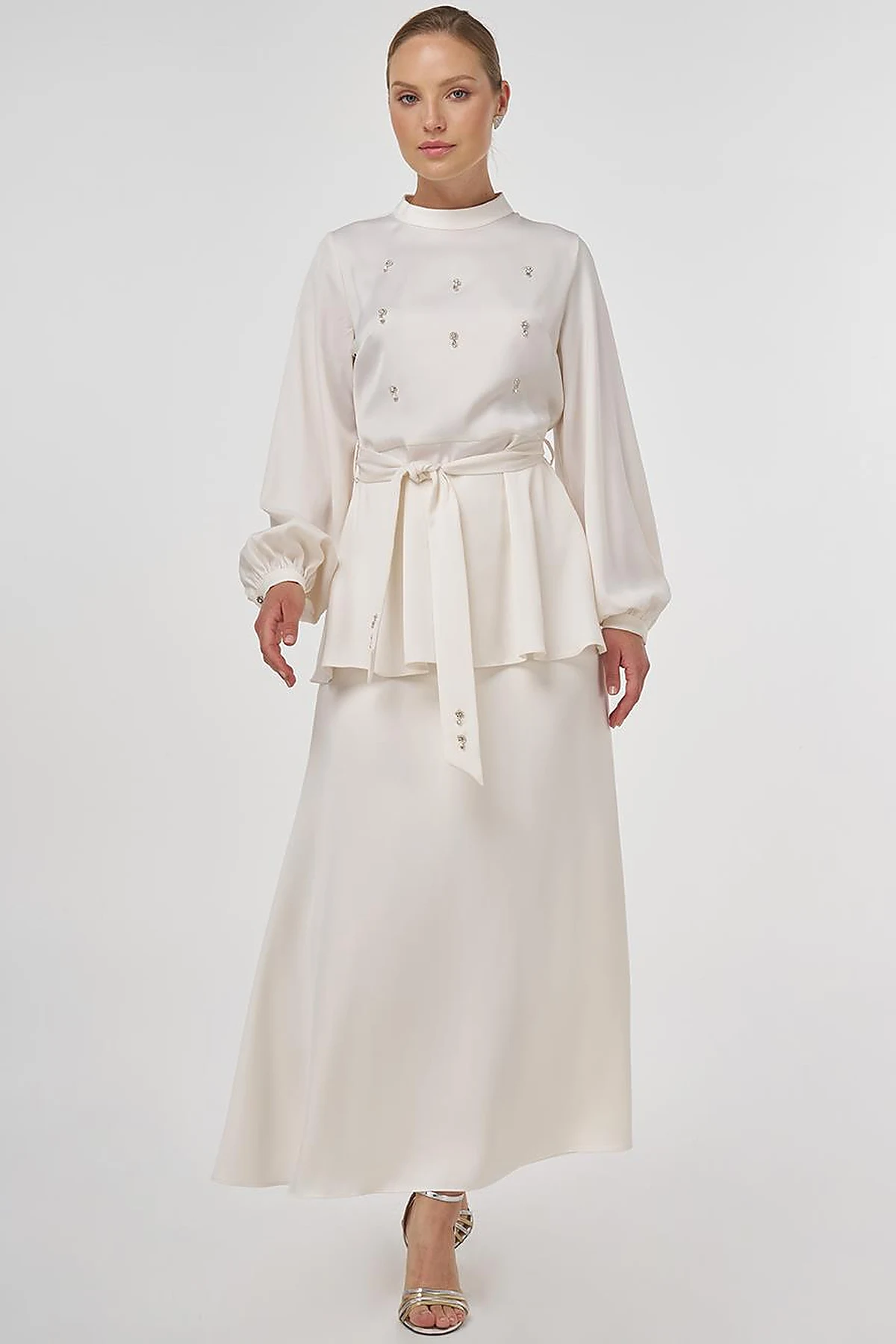 Stone-Embroidered Skirted Two-Piece Set - Ecru