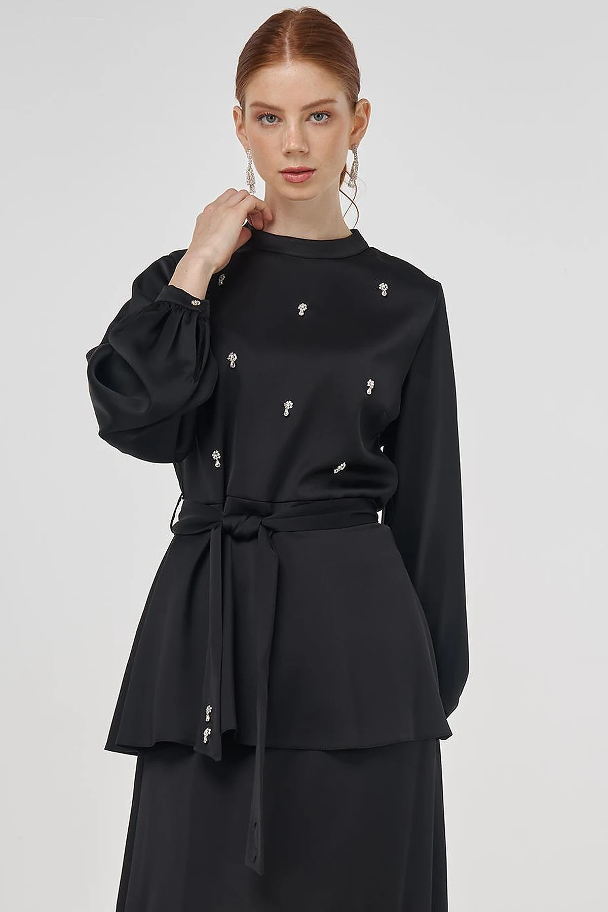 Stone-Embroidered Skirted Two-Piece Set - Black 