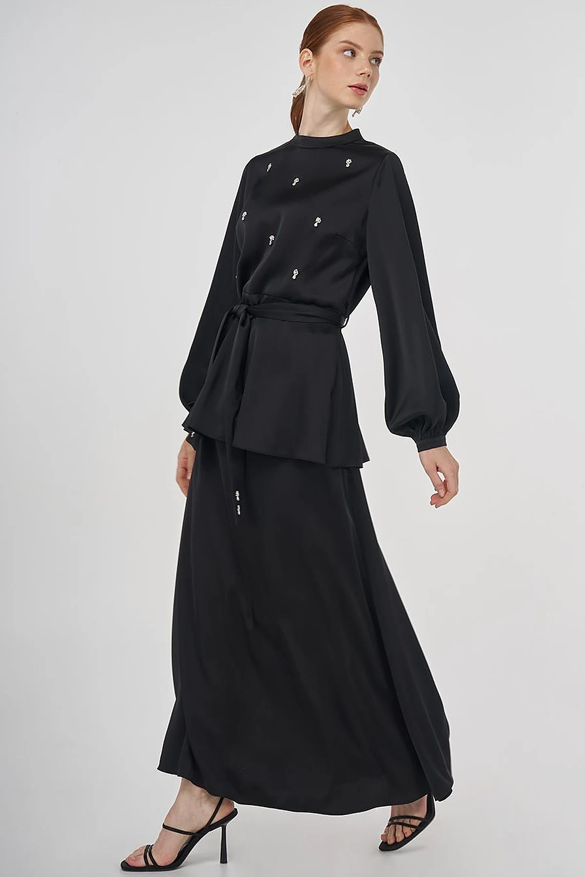Stone-Embroidered Skirted Two-Piece Set - Black 