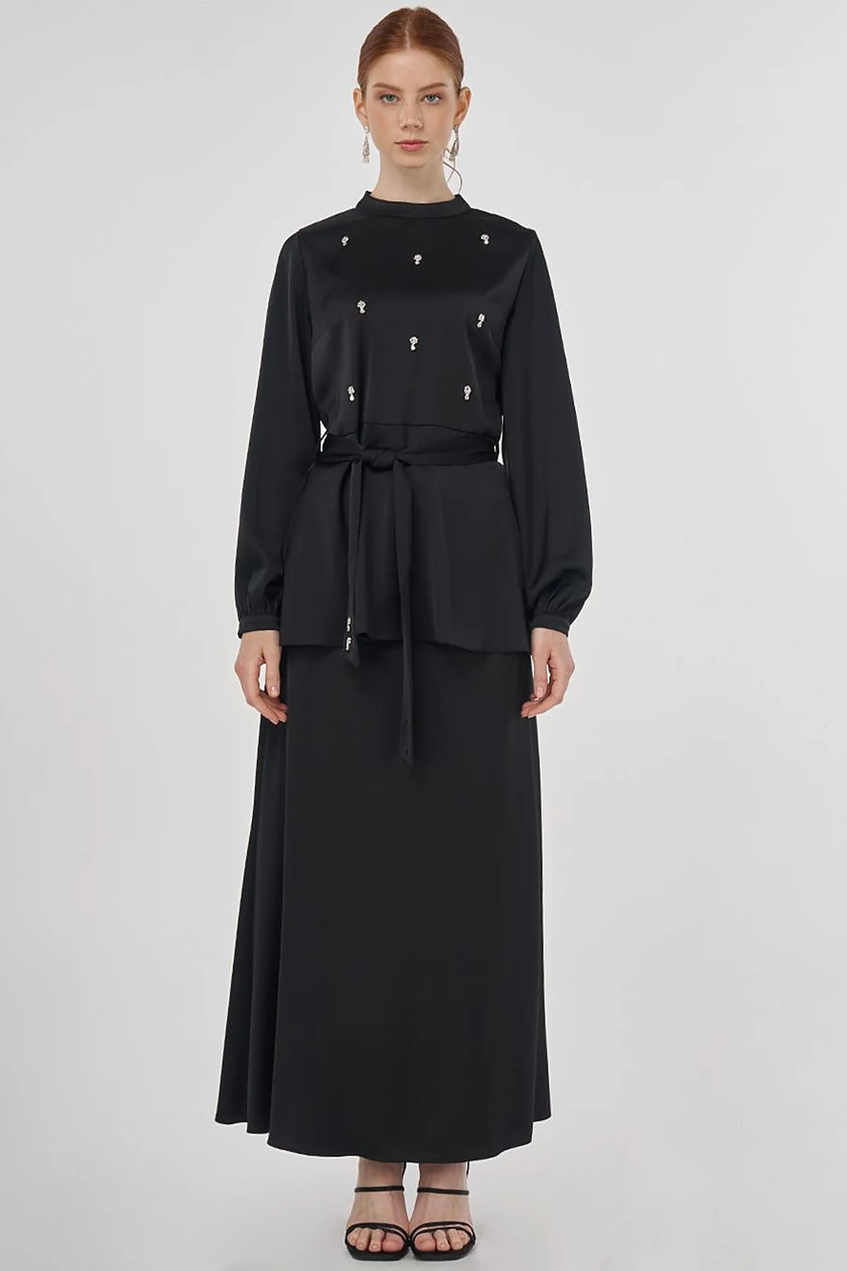 Stone-Embroidered Skirted Two-Piece Set - Black 