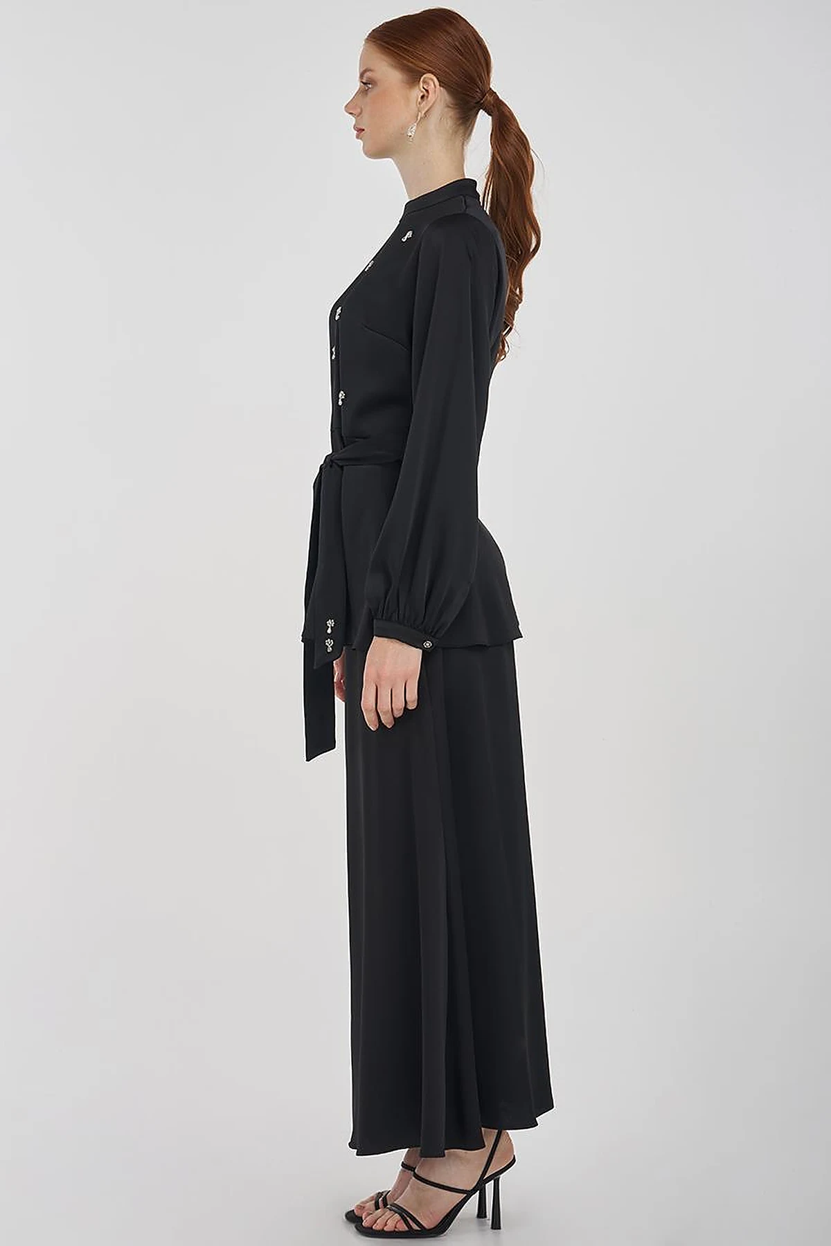 Stone-Embroidered Skirted Two-Piece Set - Black 