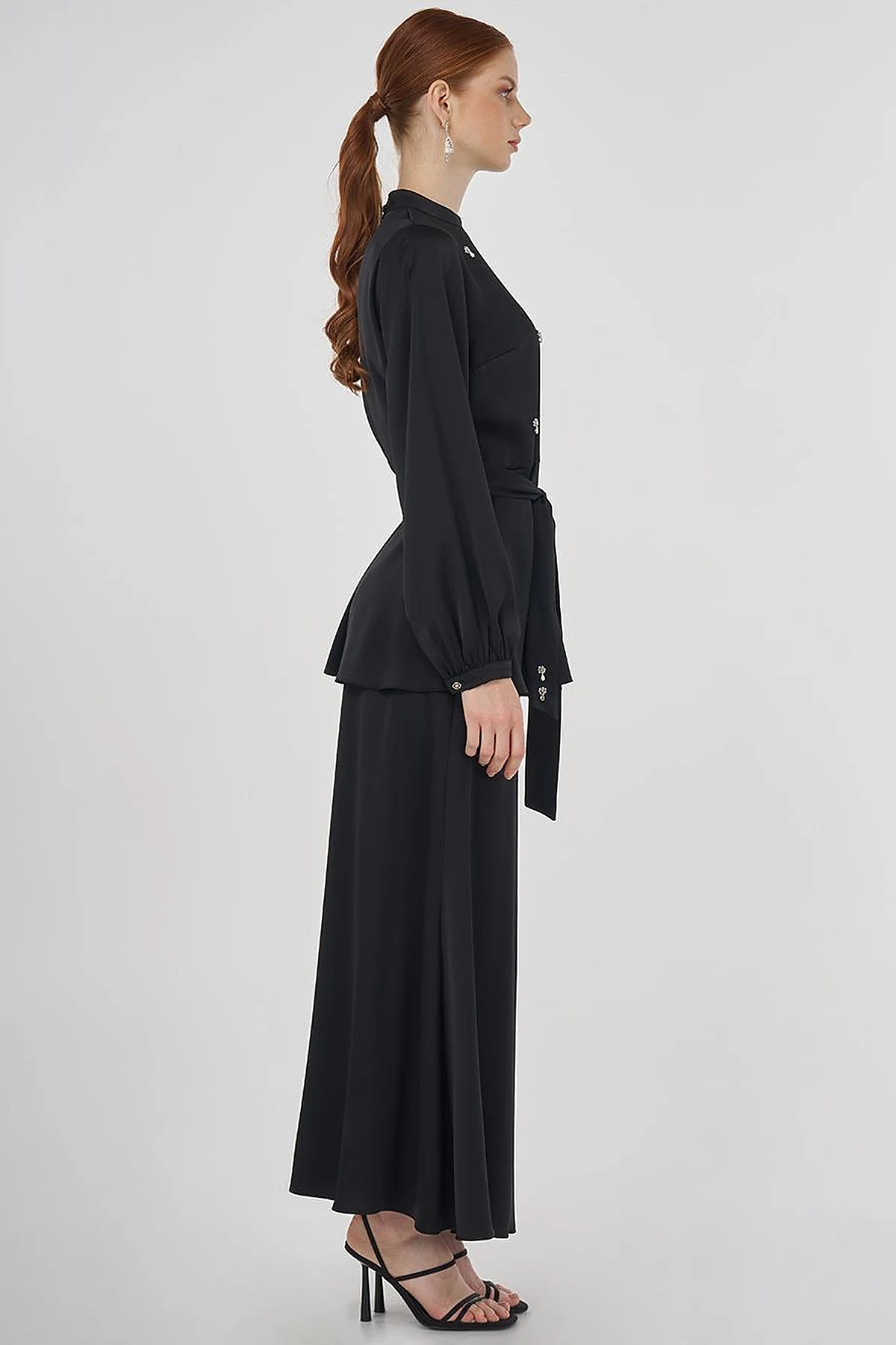 Stone-Embroidered Skirted Two-Piece Set - Black 