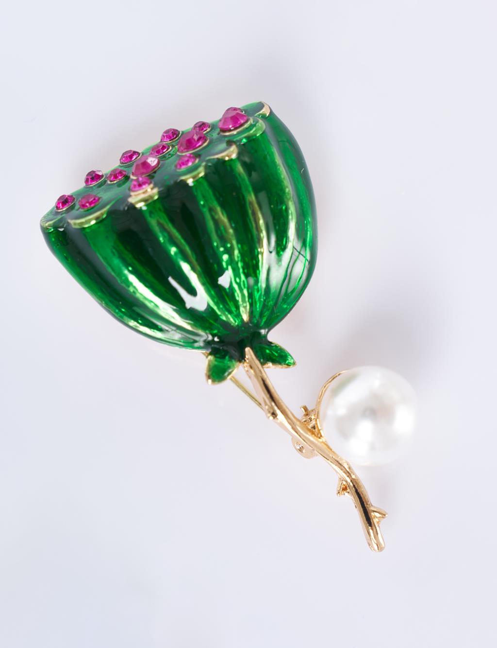 Green Pearl-Embellished Flower Brooch